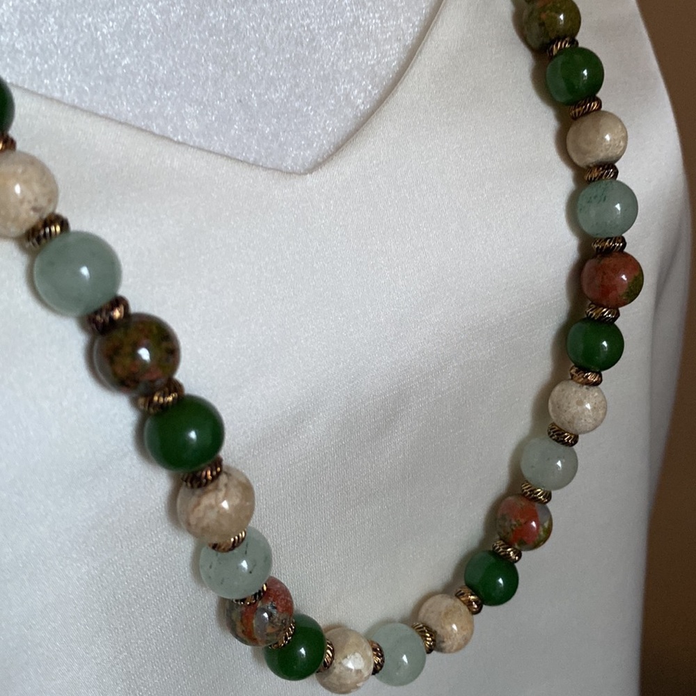 Long Mixed Jasper Agate Stone Bead Strand Necklace with Etched Copper Spacers